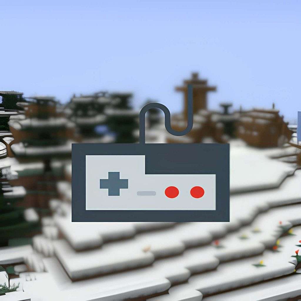 un controller per videogiochi NES Classic Edition posizionato davanti a un paesaggio innevato in un mondo di gioco Minecraft. Il controller è di colore grigio con un pad direzionale blu, quattro pulsanti azione rossi, due pulsanti di spalla gialli e un pulsante di avvio bianco. È collegato al computer tramite un cavo nero. Il paesaggio innevato è composto da blocchi di neve e ghiaccio. In primo piano, ci sono alcuni alberi innevati e un fiume ghiacciato. In lontananza, ci sono delle montagne innevate. Il cielo è azzurro e il sole splende.