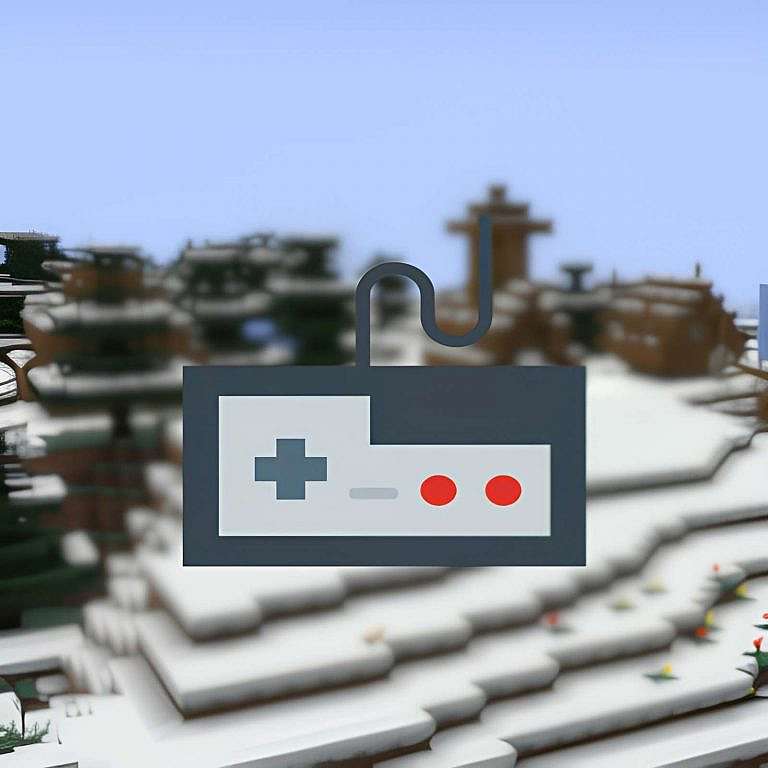 un controller per videogiochi NES Classic Edition posizionato davanti a un paesaggio innevato in un mondo di gioco Minecraft. Il controller è di colore grigio con un pad direzionale blu, quattro pulsanti azione rossi, due pulsanti di spalla gialli e un pulsante di avvio bianco. È collegato al computer tramite un cavo nero. Il paesaggio innevato è composto da blocchi di neve e ghiaccio. In primo piano, ci sono alcuni alberi innevati e un fiume ghiacciato. In lontananza, ci sono delle montagne innevate. Il cielo è azzurro e il sole splende.