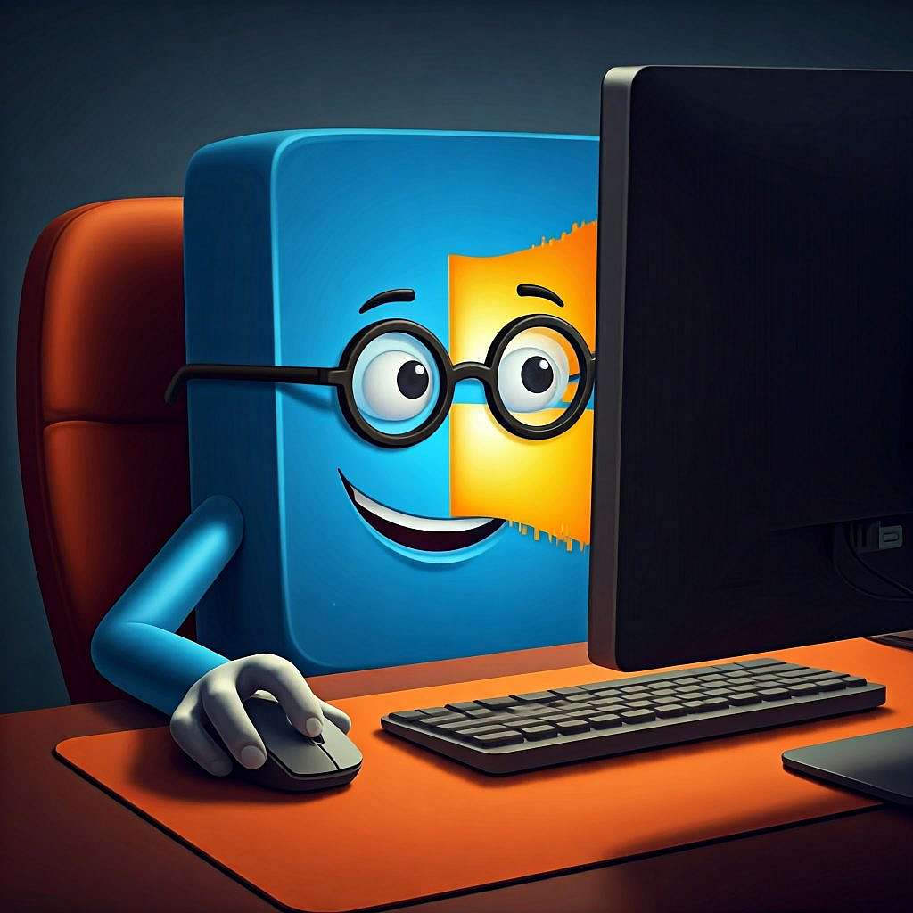 Un logo di Windows 11 con occhiali che sorride guardando verso il computer mentre è seduto alla scrivania.
Sulla scrivania sono visibili il mouse sul tappetino arancione e una tastiera.