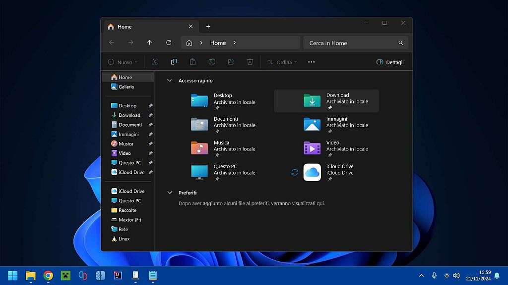 Una schermata di Windows 11 che mostra la pagina iniziale di Esplora Risorse con il tema scuro.
