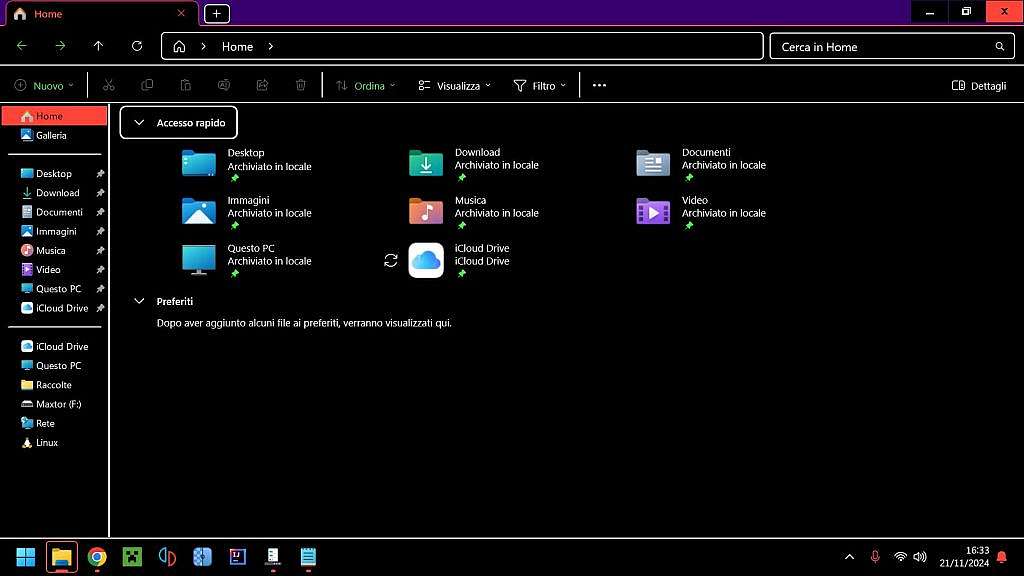 Una schermata di Windows che mostra la pagina iniziale di Esplora Risorse con un tema a contrasto elevato.